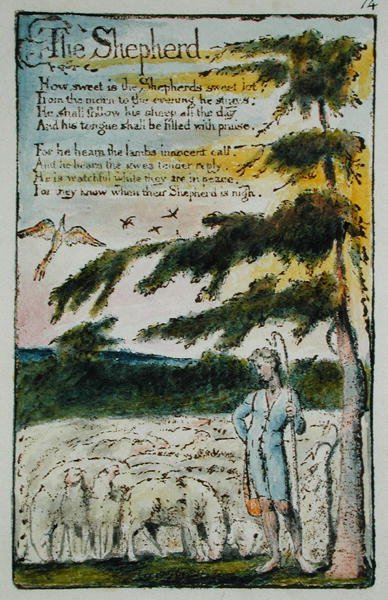 A pásztor, illusztráció az ártatlanság és tapasztalat énekeiből, (Bentley Copy L) pl.14 (Bentley 5) 1789-94 (domborműves rézkarc tollal és WC-vel papíron) alkotó: William Blake