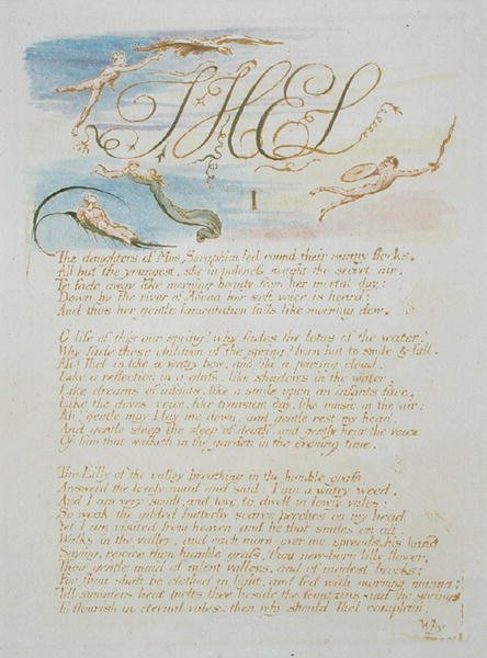 ThelIThe Daughters of Mne Seraphim..., 3. tábla a Thel könyvéből, 1789 (kézzel színezett dombormű, tollal és WC-vel papíron) alkotó: William Blake