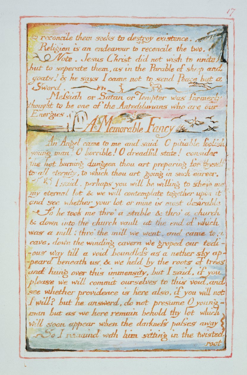 A megbékélésük a létezés elpusztítására törekszik..., szöveg A Menny és a Pokol házasságából, 1790-3. alkotó: William Blake
