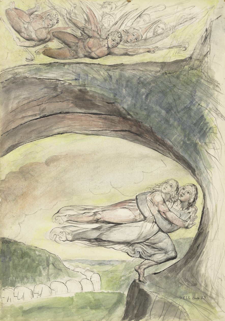 Virgil megmenti Dantét a gonosz démonoktól, illusztráció Dante Alighieri Isteni színjátékához, 1824-27 (toll és tinta WC-vel ceruzával és krétával papíron) alkotó: William Blake