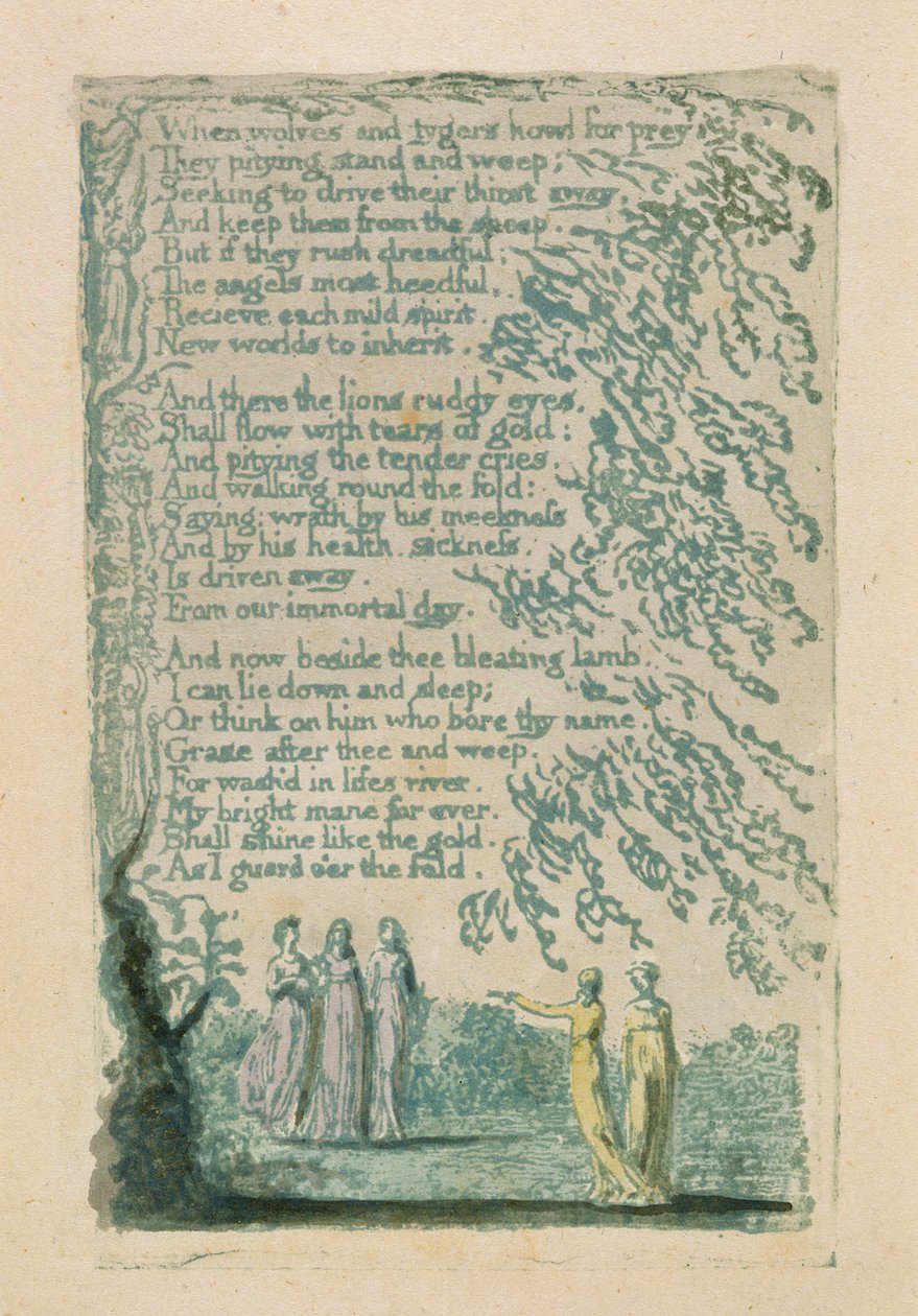 "Amikor farkasok és tigrisek...", 30. tábla a "Songs of Inocence"-ből, 1789 (kézzel színezett dombormű akvarellel) alkotó: William Blake
