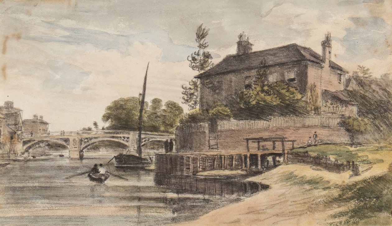 Berkshire: Windsor híd a rétről Clewer, Mr Collins" House, Young Cramer és Blagsom a csónakban, 1832. július 18. alkotó: William Crotch