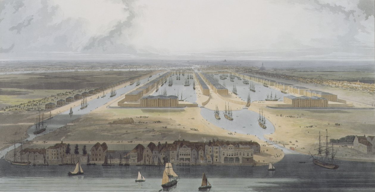Nyugat-indiai kereskedelmi dokk, a „Six Views of the London Docks”-ból, 1802 (színes akvatinta) alkotó: William Daniell
