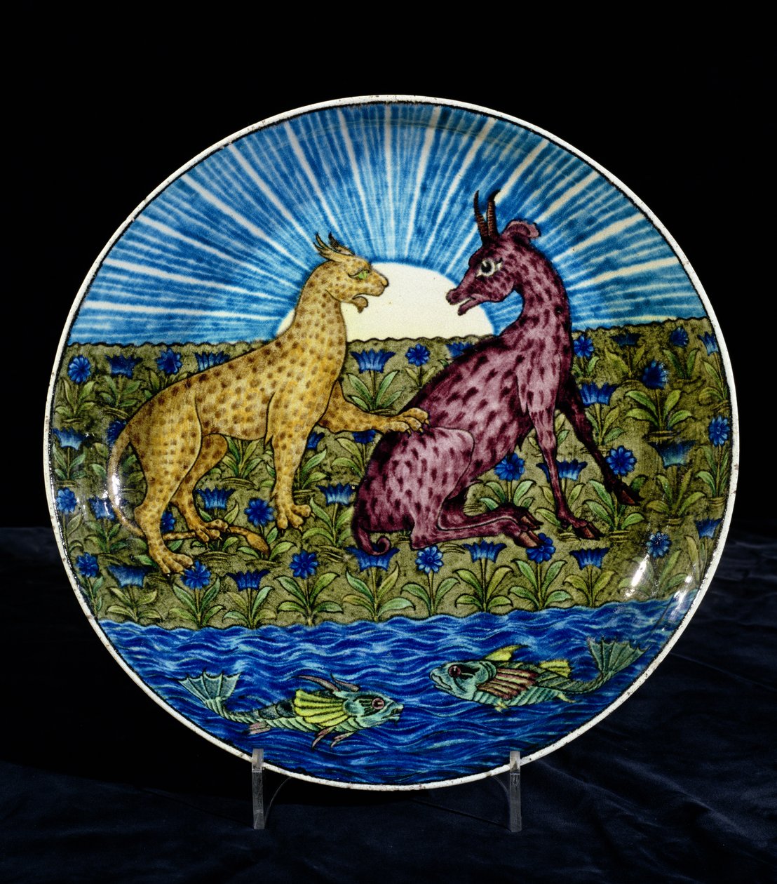 Töltő leopárddal és szarvassal a folyó partján, festette Charles Passenger, 1888-97 (kerámia) alkotó: William de Morgan