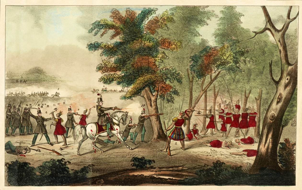 A Temzénél vívott csata és Tecumseh halála, a Richard M. Johnson ezredes vezette Kentucky lovas önkéntesek által, 1813. október 5., 1833 (kézzel színezett litográfia) alkotó: William Emmons