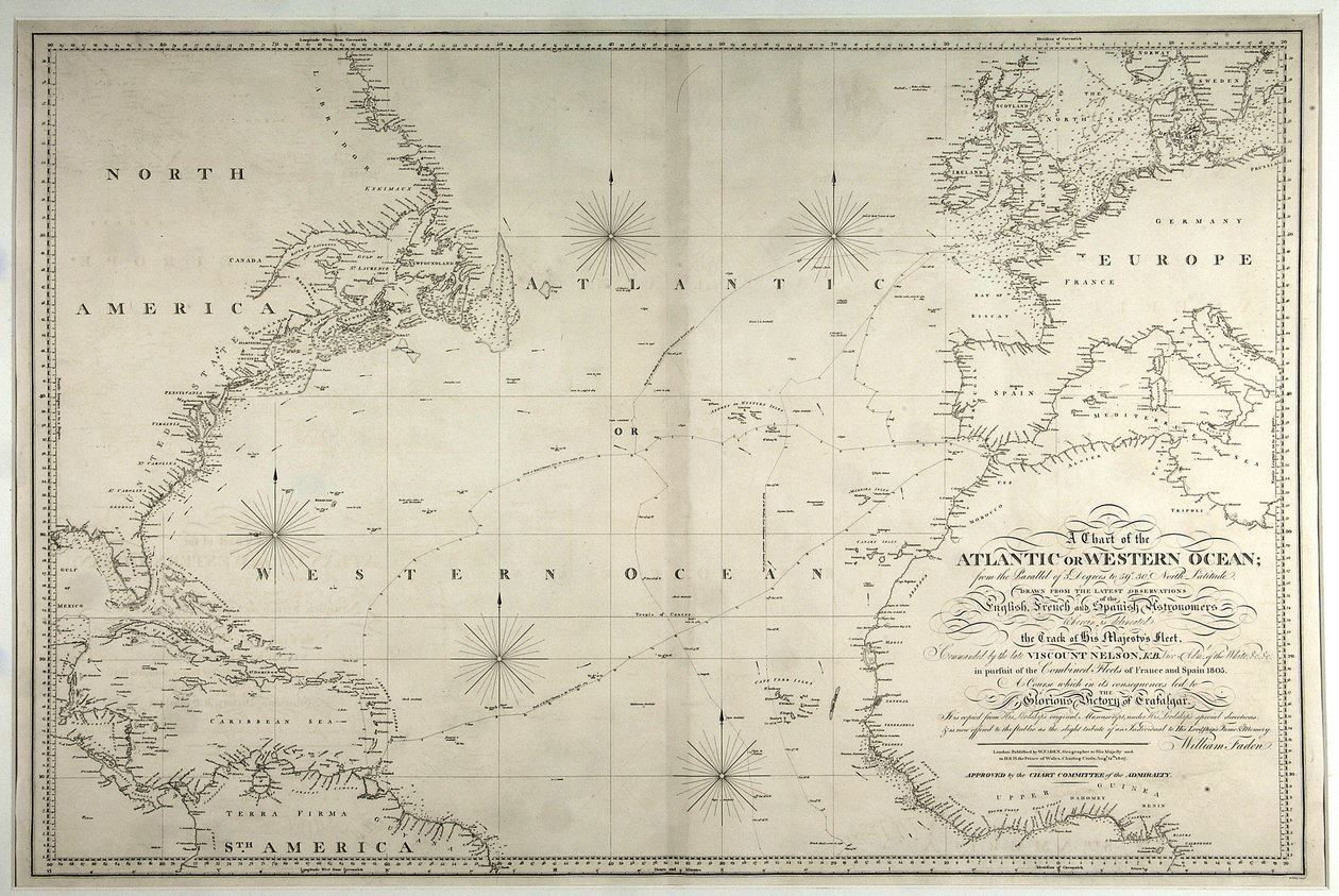 Az Atlanti- vagy Nyugati-óceán térképe, amely Nelson flottájának útvonalát mutatja, 1805. május 12-15. augusztus, 1807. alkotó: William Faden