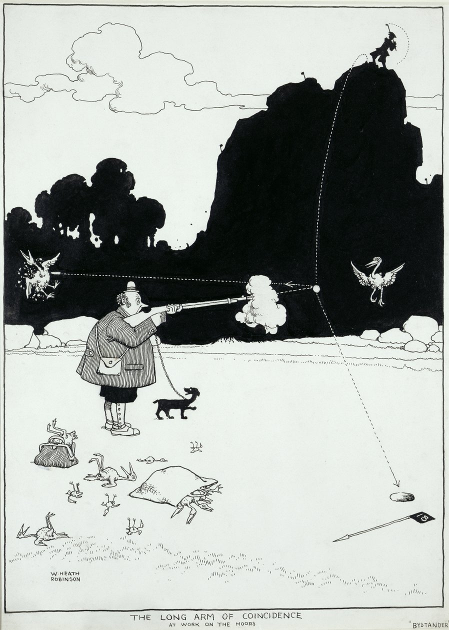 A véletlenek hosszú karja munkában a móron, a The Bystander illusztrációja, 1922. augusztus (toll és tinta) alkotó: William Heath Robinson