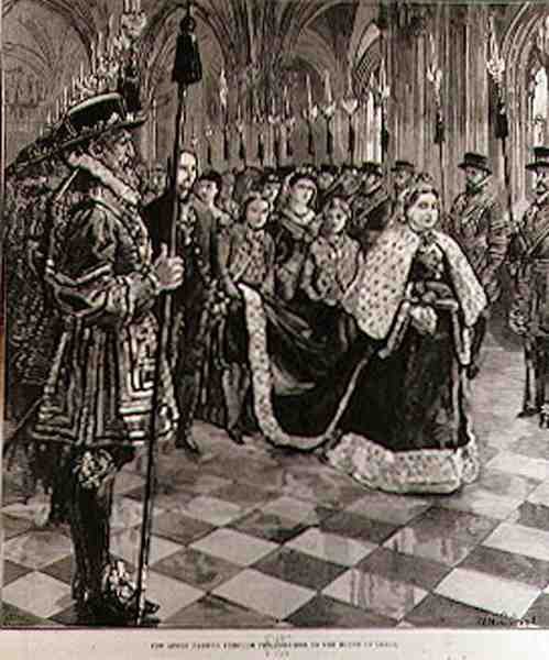 A királynő áthalad a folyosón a Lordok Házába, a The Illustrated London Newsból, 1886. január 30. alkotó: William Heysham after Overend