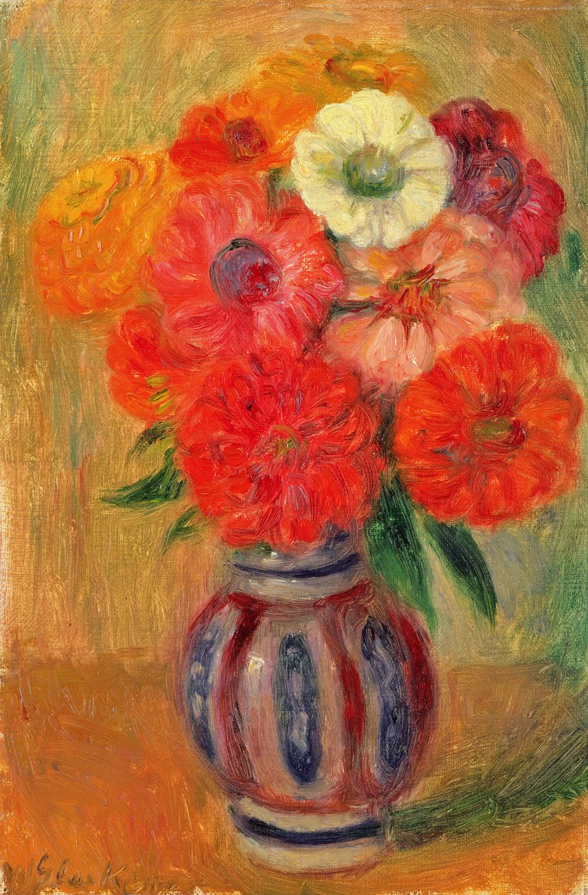 Zinniák csíkos kék vázában alkotó: William James Glackens