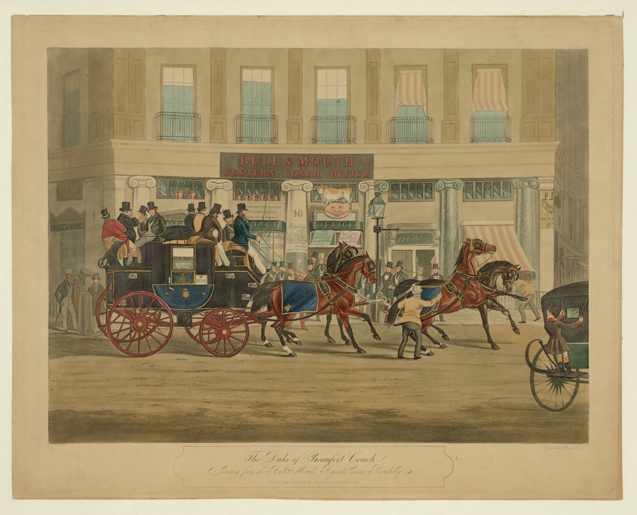 The Duke of Beaufort Coach, indul a Bull & Mouth, Regents Circus, Piccadilly, pub. 1841 (kézzel színezett akvatinta) alkotó: William Joseph Shayer
