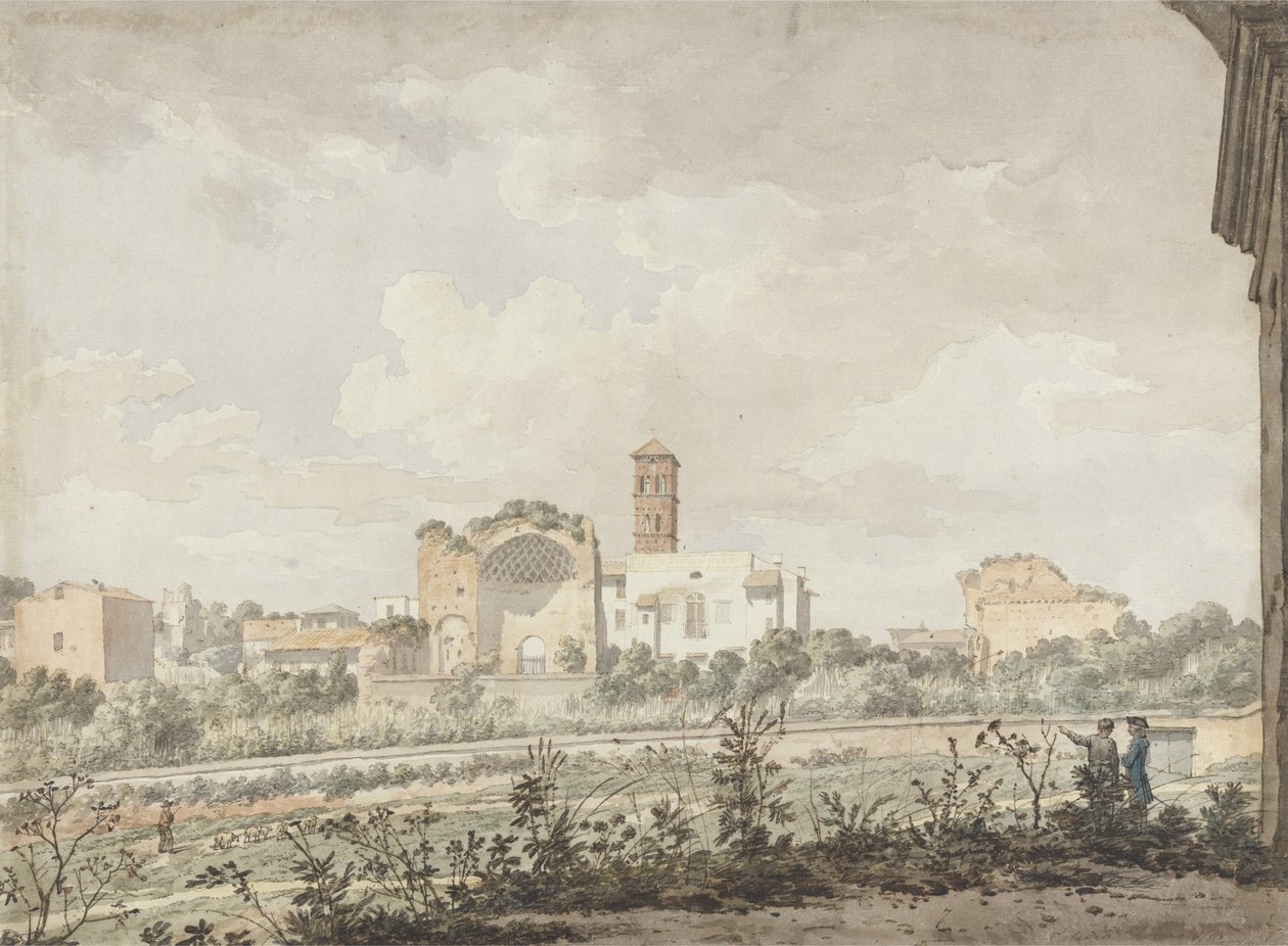 Vénusz temploma és Róma, Róma, 1781 (wc tollal és barna tintával ceruzával, papíron) alkotó: William Pars