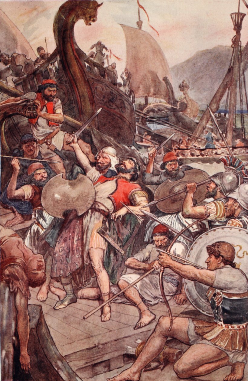 A perzsa tengernagy halála Szalamisznál, illusztráció a "Plutarkhosz életei fiúknak és lányoknak" című műből, W.H. Weston átdolgozása, London 1910 körül. alkotó: William Rainey