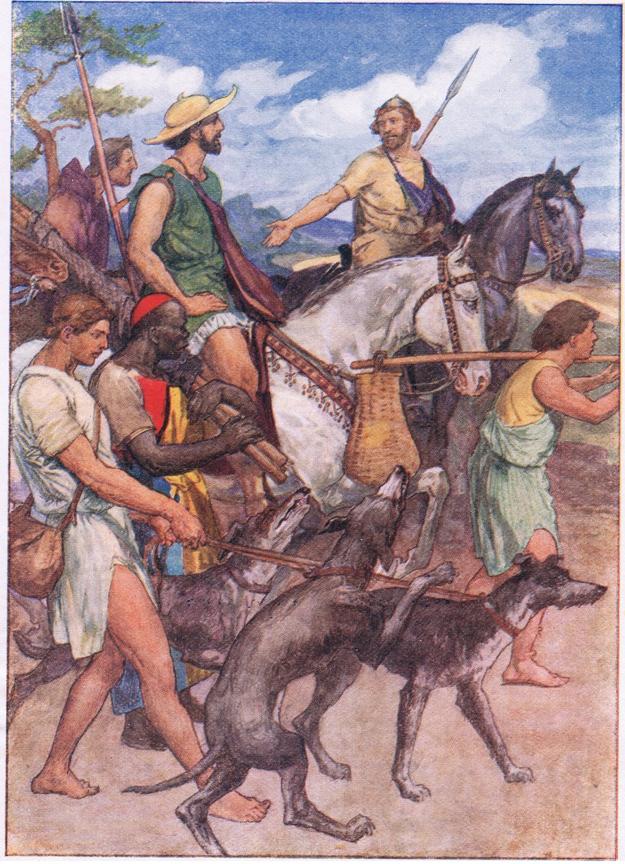 Pelopidas Thébába indul, a Plutarch Livesból, amelyet a T C & E C Jack Ltd adott ki, 1920-as évek alkotó: William Rainey