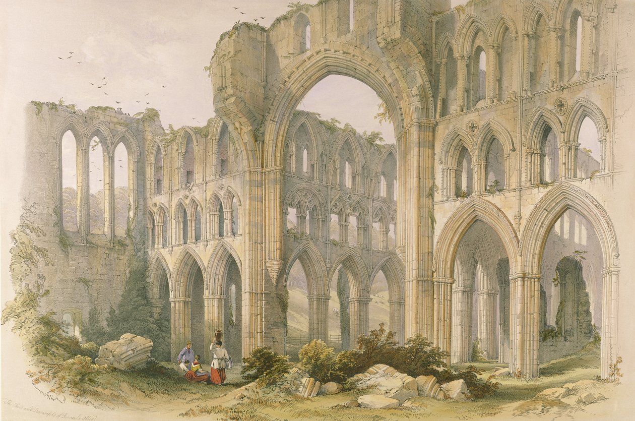 Rievaulx apátság, a kereszthajó és kórus, a Yorkshire kolostori romjaiból, George Hawkins (1819-52) metszete, 1843 alkotó: William Richardson