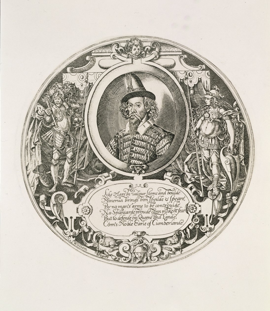 George Clifford (1558-1605) Cumberland 3. grófjának portréja, a művész metszetével, 1590 körül alkotó: William Rogers