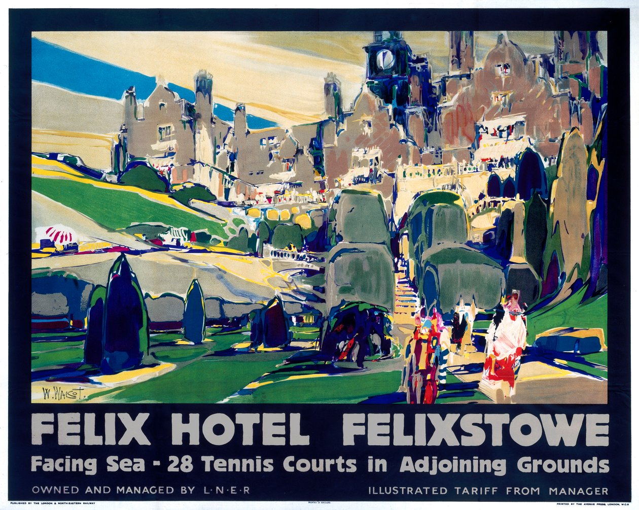 Felix Hotel, Felixstowe, a londoni és északkeleti vasutat hirdető plakát, 1928 alkotó: William Walcot