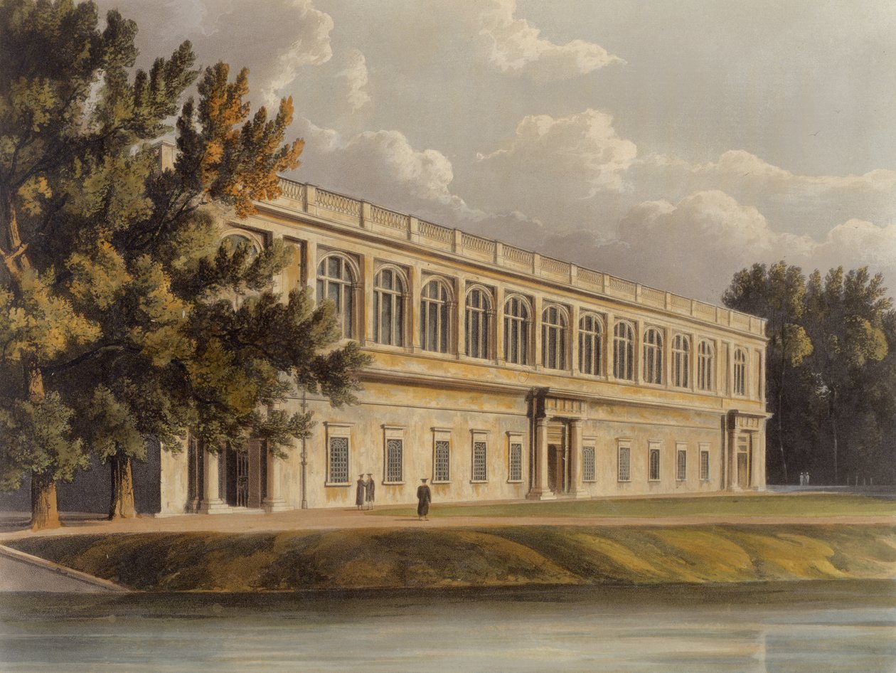 A Trinity Library külső része a St. Johns Gardens-ből, Cambridge-ből, The History of Cambridge-ből, vésette Joseph Constantine Stadler (fl.1780-1812), pub. R. Ackermann, 1815 (színes akvatinta) alkotó: William after Westall