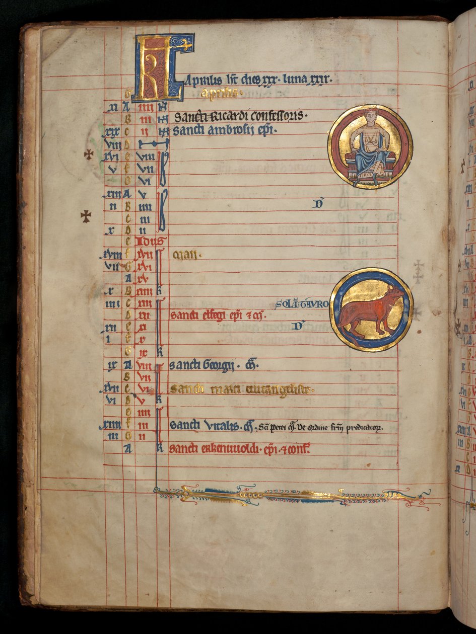Ms 322 f.2v, April, egy ülő férfi, kezében két virág, illusztráció a „De Brailes Psalter”-ből, 1250 körül alkotó: William de Brailes  