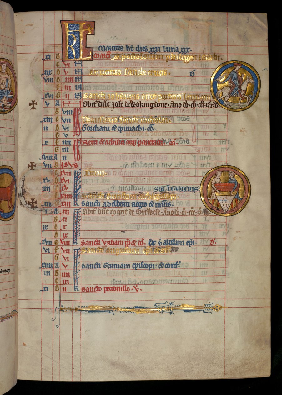 Ms 322 f.3r, May, solymászó férfi, illusztráció a „De Brailes Psalter”-ből, 1250 körül alkotó: William de Brailes  