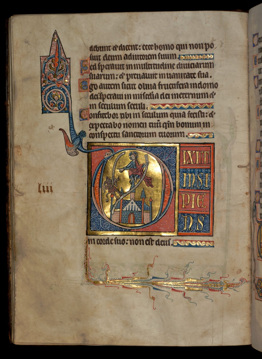 Ms 322 f.54v, 52. zsoltár, kezdeti D, Krisztus megkísértése, illusztráció a „De Brailes Zsoltárból”, 1250 körül alkotó: William de Brailes  