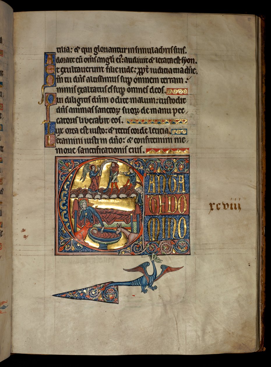Ms 322 f.97r, 97. zsoltár, C kezdőbetű, A pásztoroknak szóló hirdetés, illusztráció a "De Brailes zsoltárból", 1250 körül. alkotó: William de Brailes  