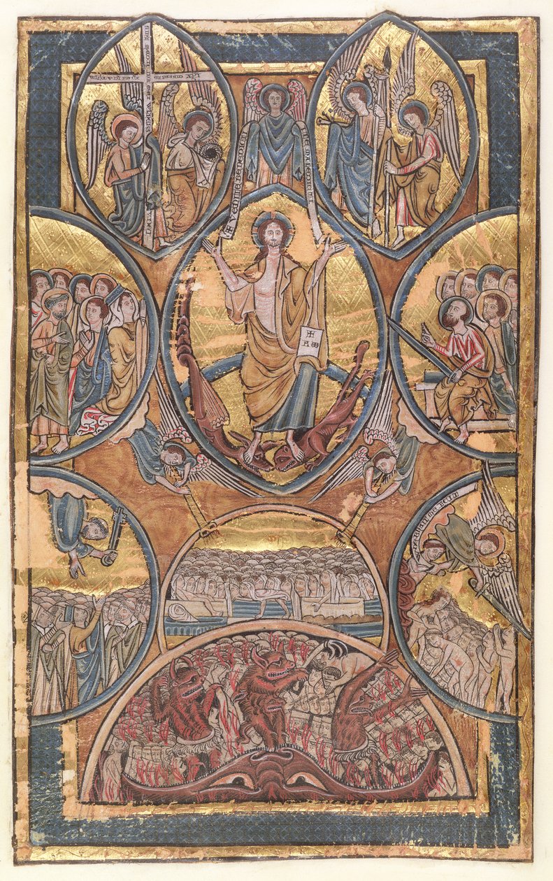 Ms 330 f.3 Az utolsó ítélet, az őrangyal által megmentett illuminátor önarcképével, egy zsoltárból, 1240 körül. alkotó: William de Brailes  