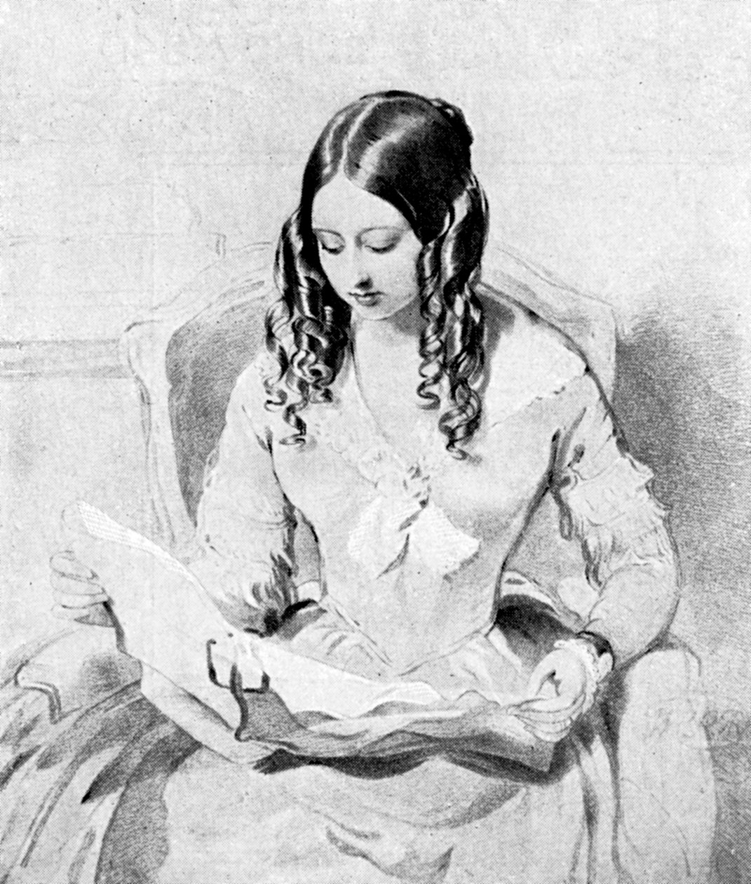 Viktória királynő küldeményeket olvas fel, 1840-es évek. alkotó: William Charles Ross