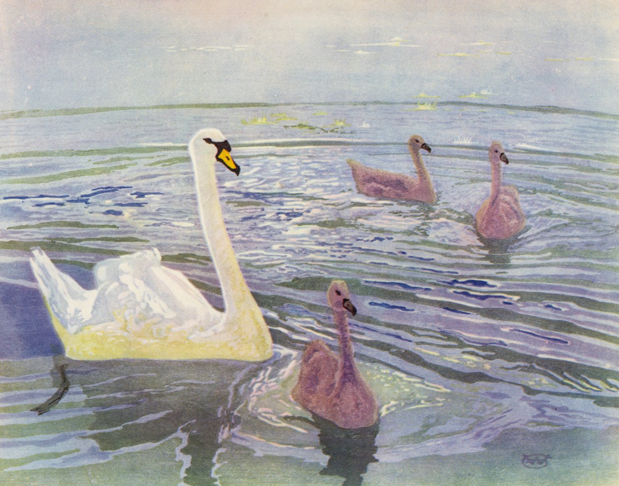 Hattyú és Cygnets (színes litó) alkotó: William Giles