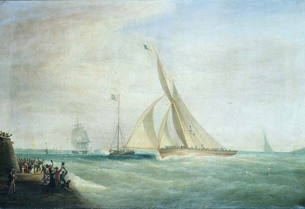 H.M.S. – „Coquette” és „Sólyom” Lord-Yarborough-val a fedélzeten és a királyi jacht-William királyral a fedélzeten-off-the-Wight, -c.1830-37 alkotó: William John Huggins