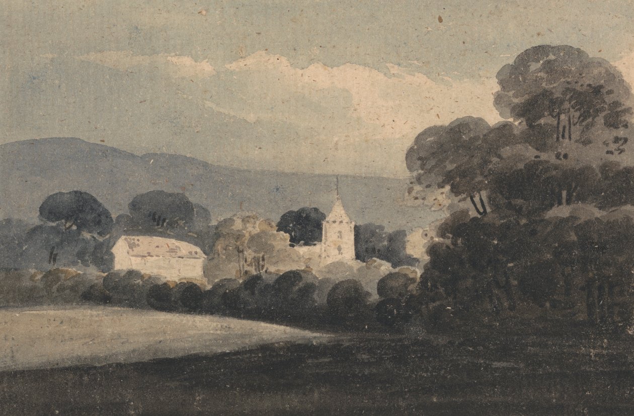 Táj egy templommal a fák között alkotó: William Pearson