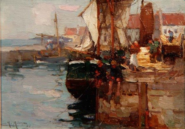Horgászat a rakparton alkotó: William Watt Milne
