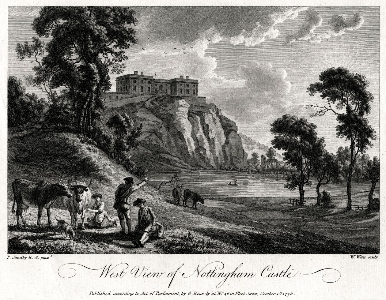 Nyugati kilátás a Nottingham-kastélyra, Nottinghamshire, 1776 alkotó: William Watts
