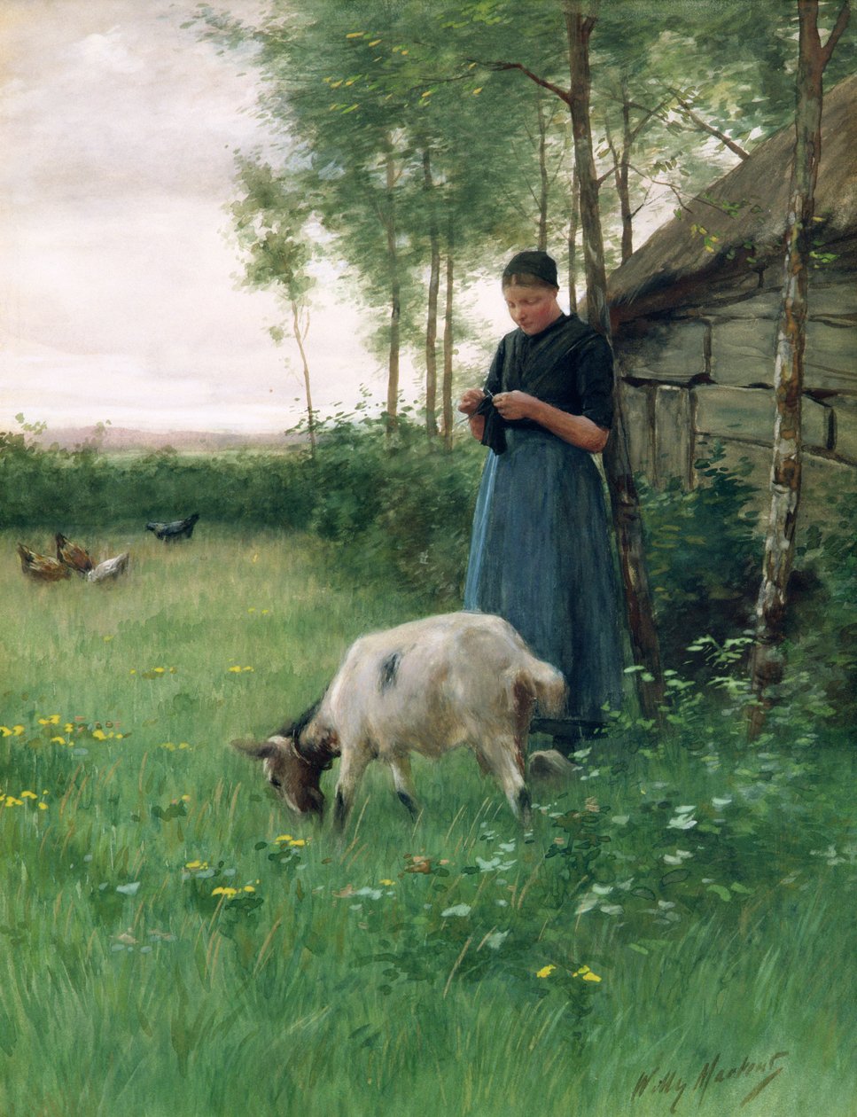 Egy holland lány kecskével és csirkével, 1910 körül alkotó: Willy Martens