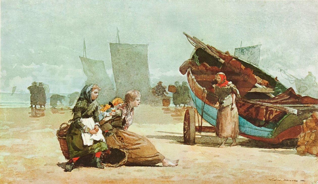 Strandjelenet, köpenyek alkotó: Winslow Homer