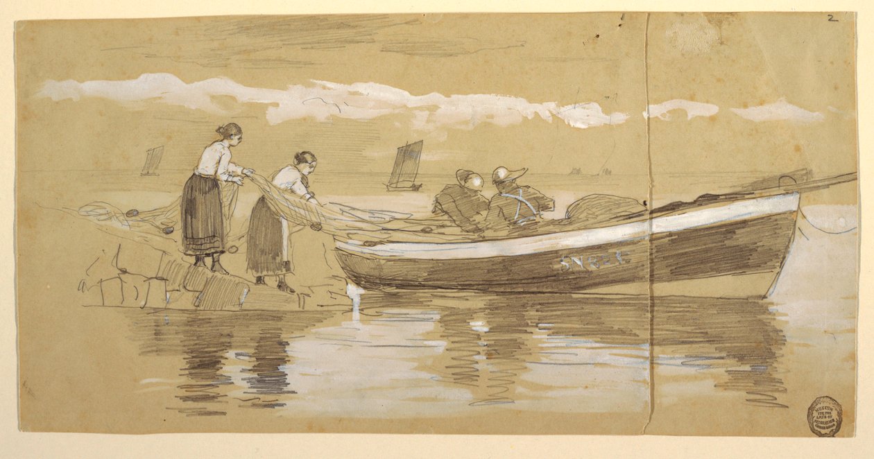 Rajz, Halász és Nők Tároló Hálók Egy Strandolt Doryban, Cullercoats, Anglia alkotó: Winslow Homer