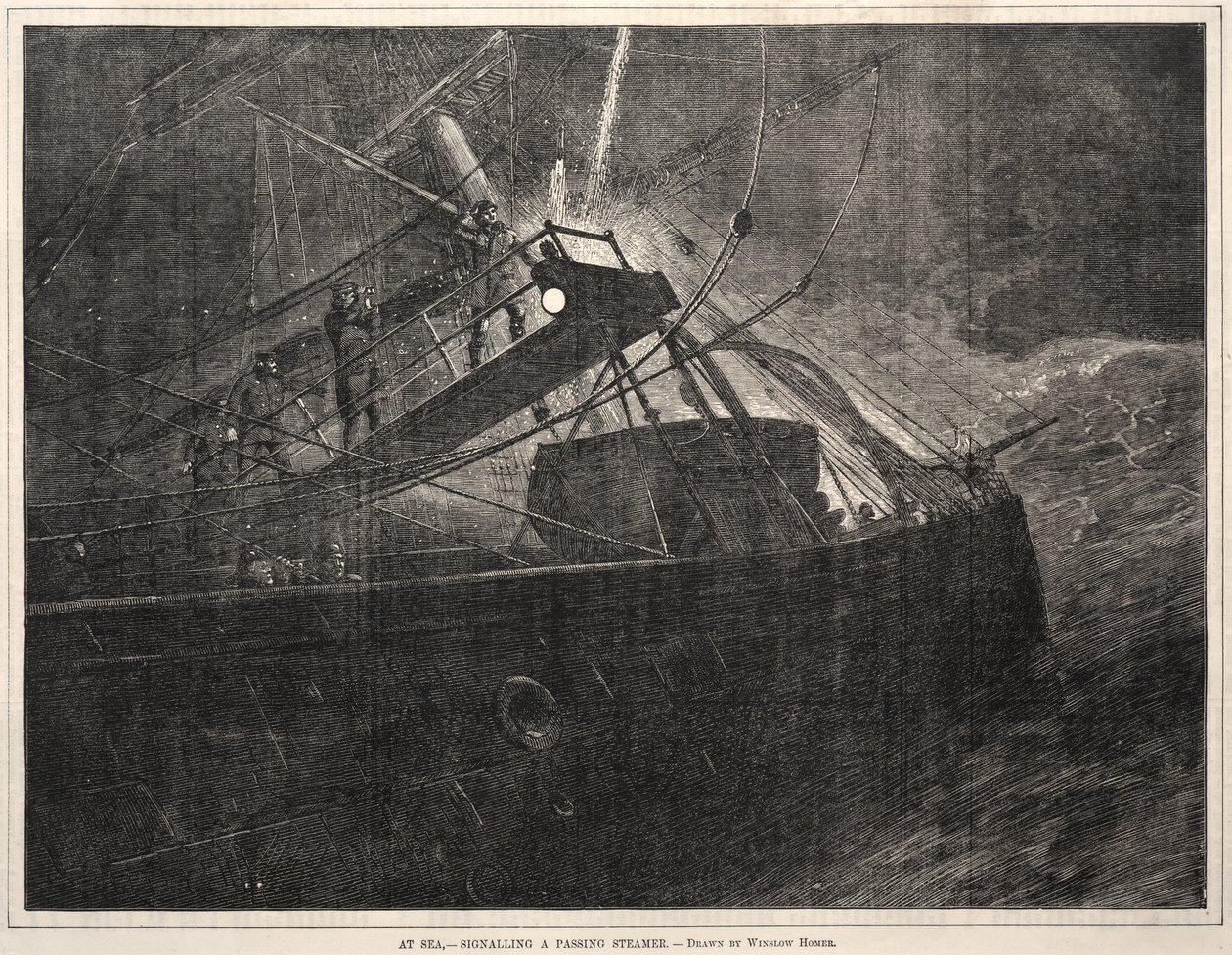 Tengeren, jelzés egy elhaladó gőzhajóról, 1871. alkotó: Winslow Homer