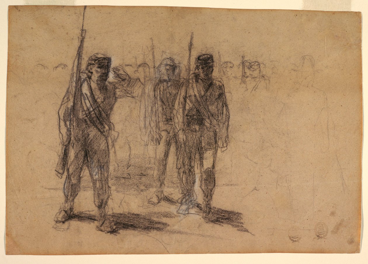 Rajz, Katonák gyakorlatoznak, valószínűleg 1864 alkotó: Winslow Homer
