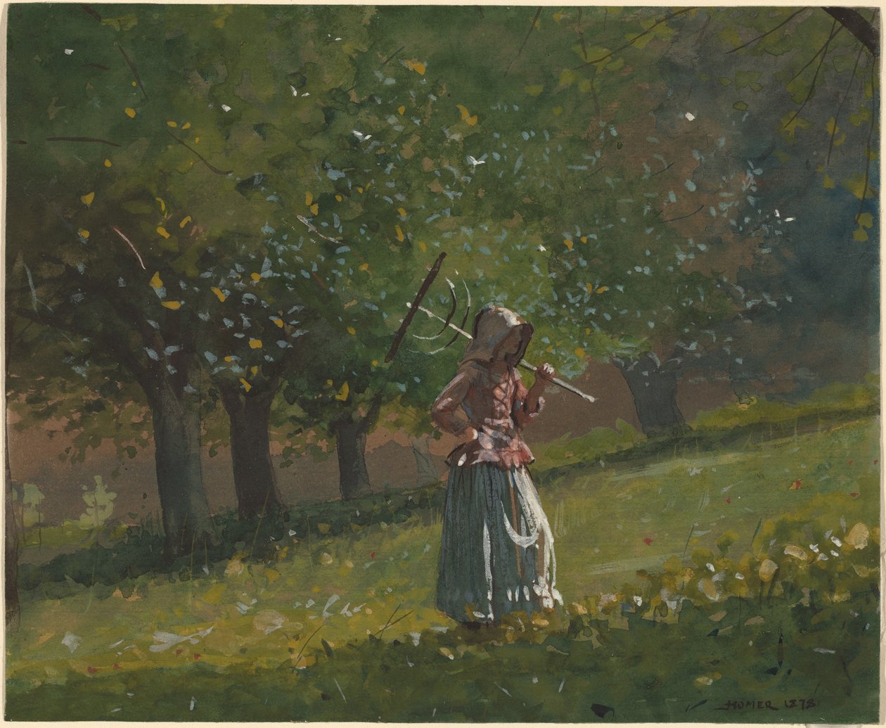 Lány széna gereblyével alkotó: Winslow Homer