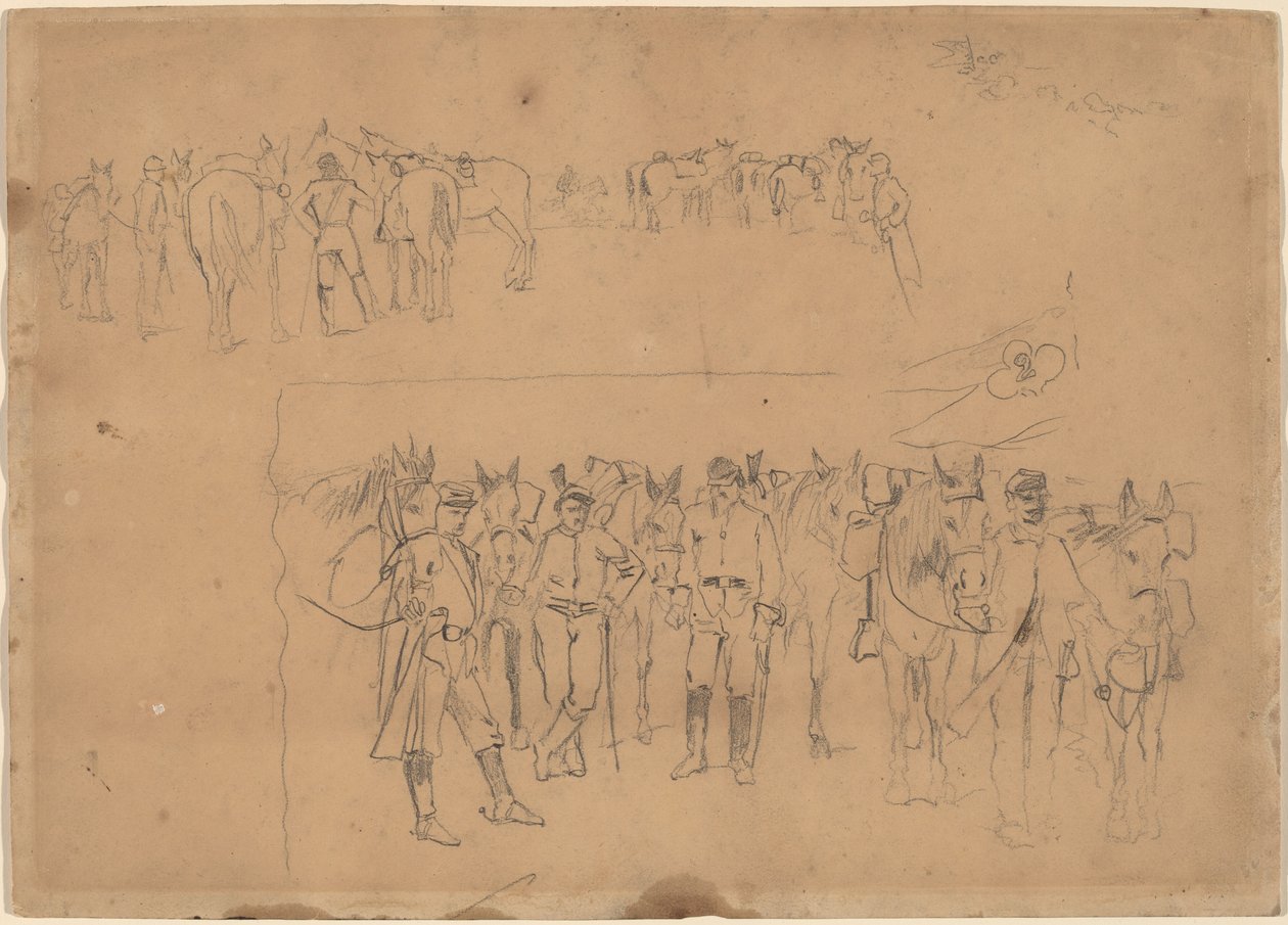 Tisztek és lovak nyugalomban, 1864. alkotó: Winslow Homer