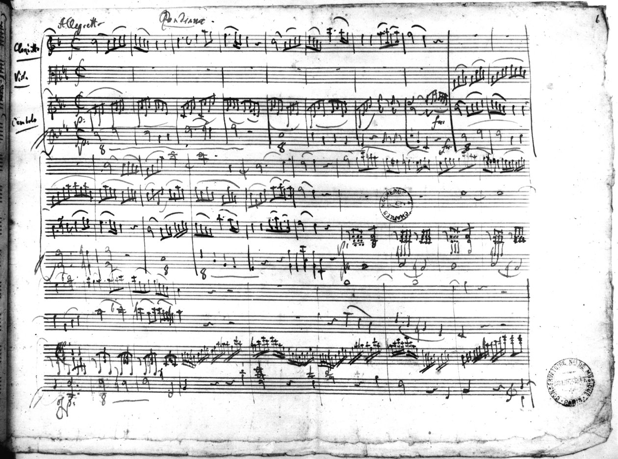 Ms.222 fol.6 trió, Esz-dúr „Kegelstatt” zongorára, klarinétra, hegedűre és brácsára (K 498) 1786 alkotó: Wolfgang Amadeus Mozart