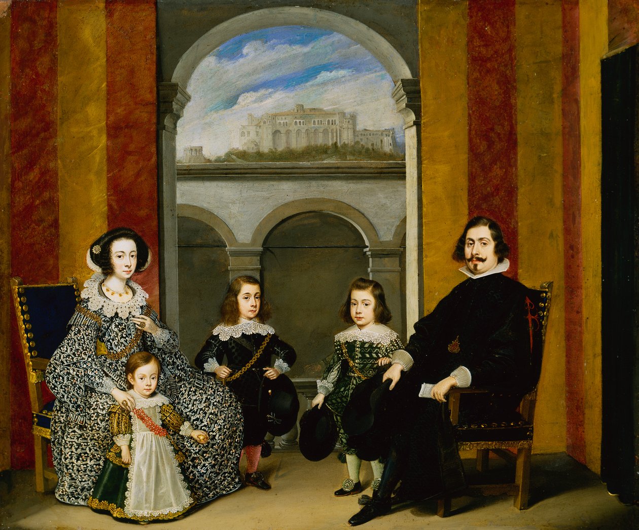Francesco Tapia, Conte del Vasto, családjával a Palazzo Tapia belsejében ülve, kilátással a Castello di Sant Elmo-ra alkotó: Wolfgang Heimbach