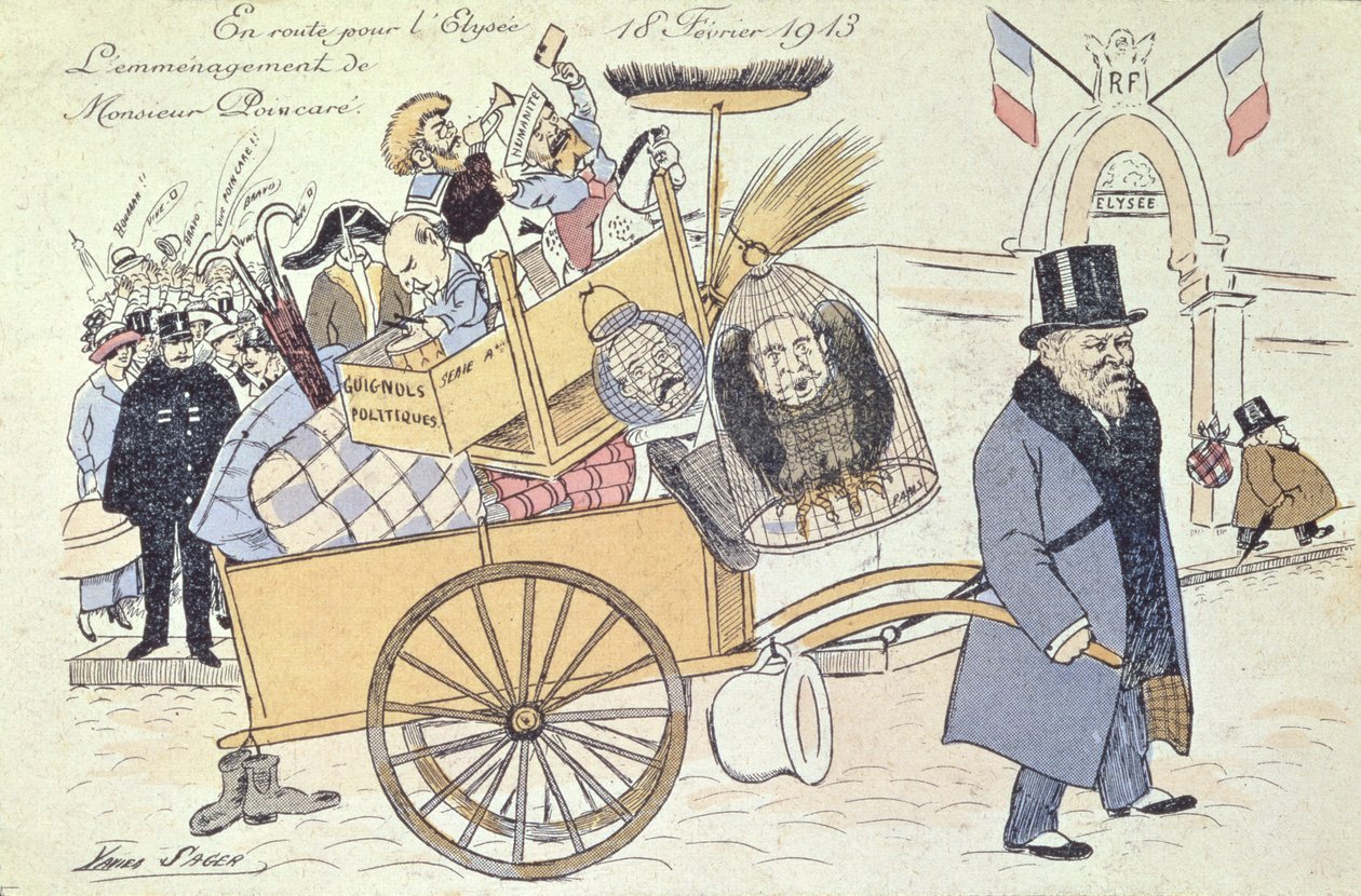 Az Elysee-palotába költöző Raymond Poincare (1860-1934) karikatúrája, 1913. február alkotó: Xavier Sager