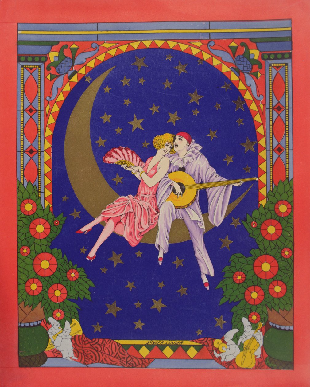 Pierrot és Columbine (chromolitho) alkotó: Xavier Sager