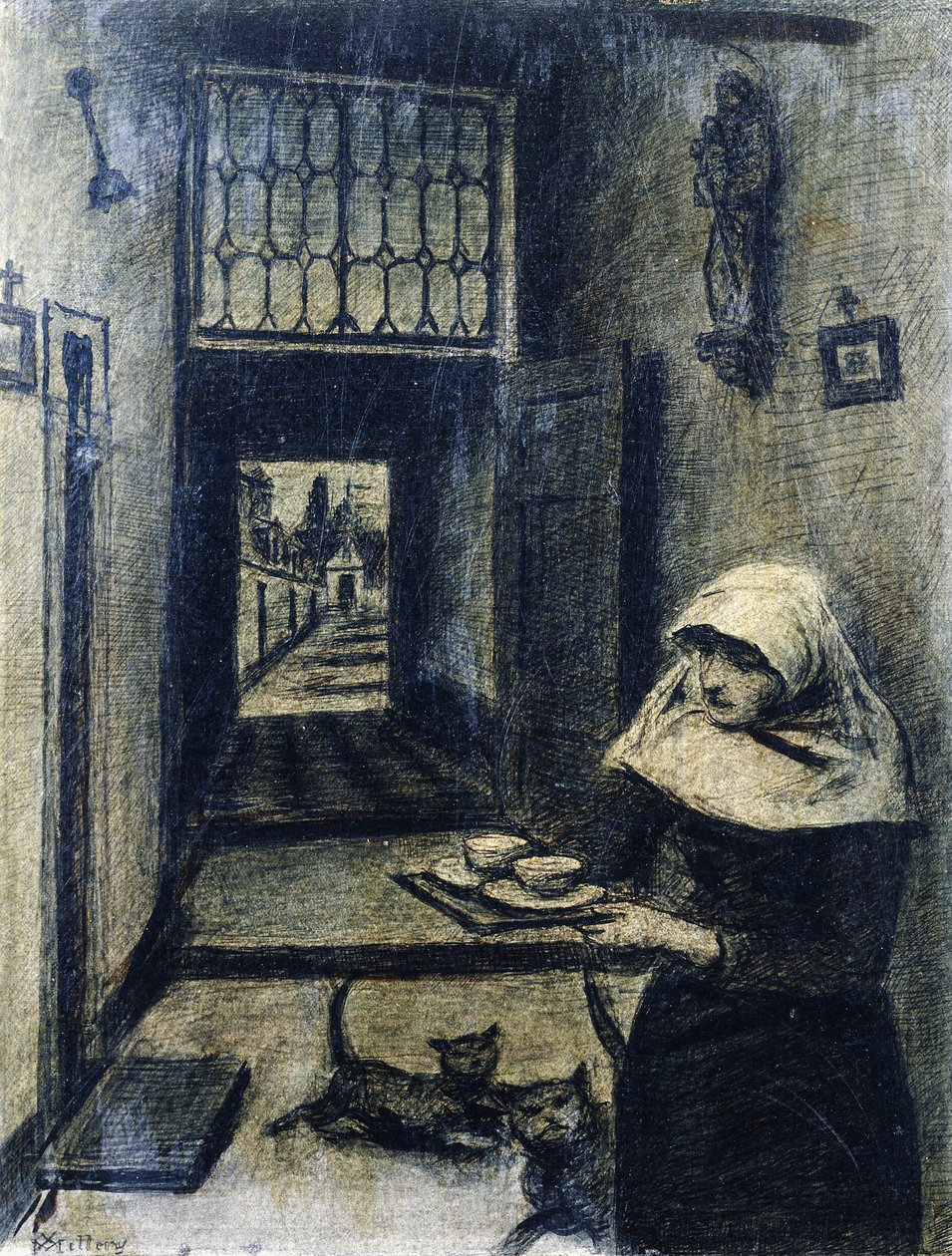 Apáca két macskával, alkotó: Xavier Mellery