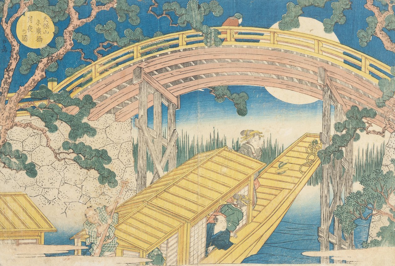 Fan Bridge by Moonlight, a „Views of Mount Tempo”-ból, 1834 (fatömbnyomat) (lásd még: 17723) alkotó: Yashima Gakutei