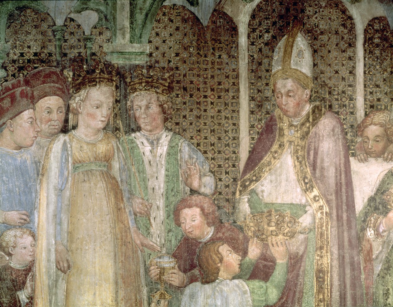 Theodolinda királynő és Nagy Gergely pápa (540-604 körül) ajándékot cserélnek, 1444 alkotó: Zavattari Family