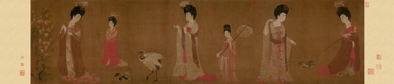 Udvari hölgyek virágos fejdíszeket viselnek alkotó: Zhou Fang