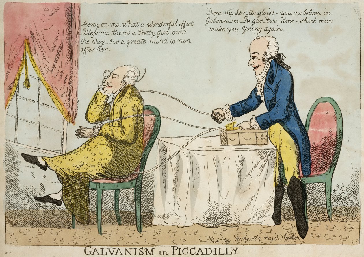 Elektroterápia „Galvanizmus a Piccadillyben”, 1800 körül alkotó: Frederick (attr. to) Barnard