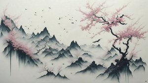 ink painting: Cherry Blossom trees blooming_01