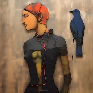 Holzpuppe und Vogel 2